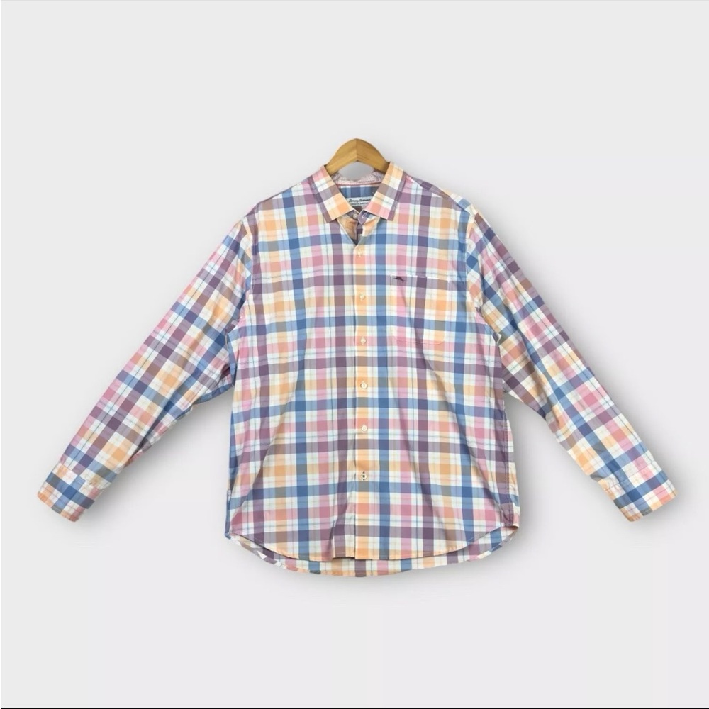Tommy Bahama SARASOTA STRETCH Plaid Button Down Shirt Mens Large Pink White Blue